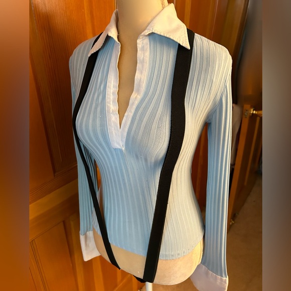 Y2K 1990’s Vintage Blue Cuffed Collar Tee w/ black suspenders - Picture 7 of 16